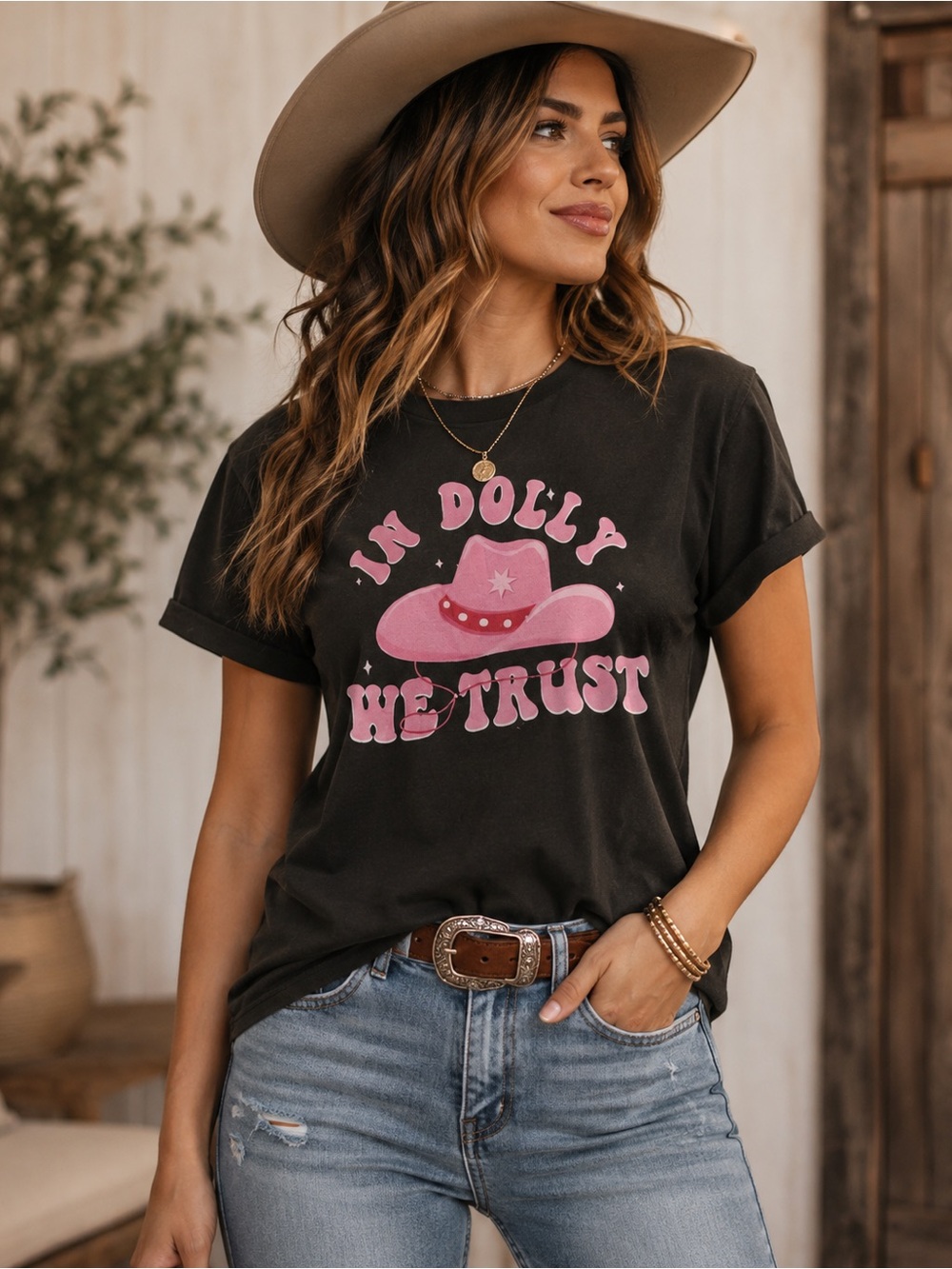Black Tee with Pink 'In Dolly We Trust' Graphic
